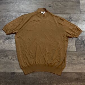 Vintage Avon Celli Tan Brown 100% Silk Short Sleeve Turtleneck Shirt Men's Large